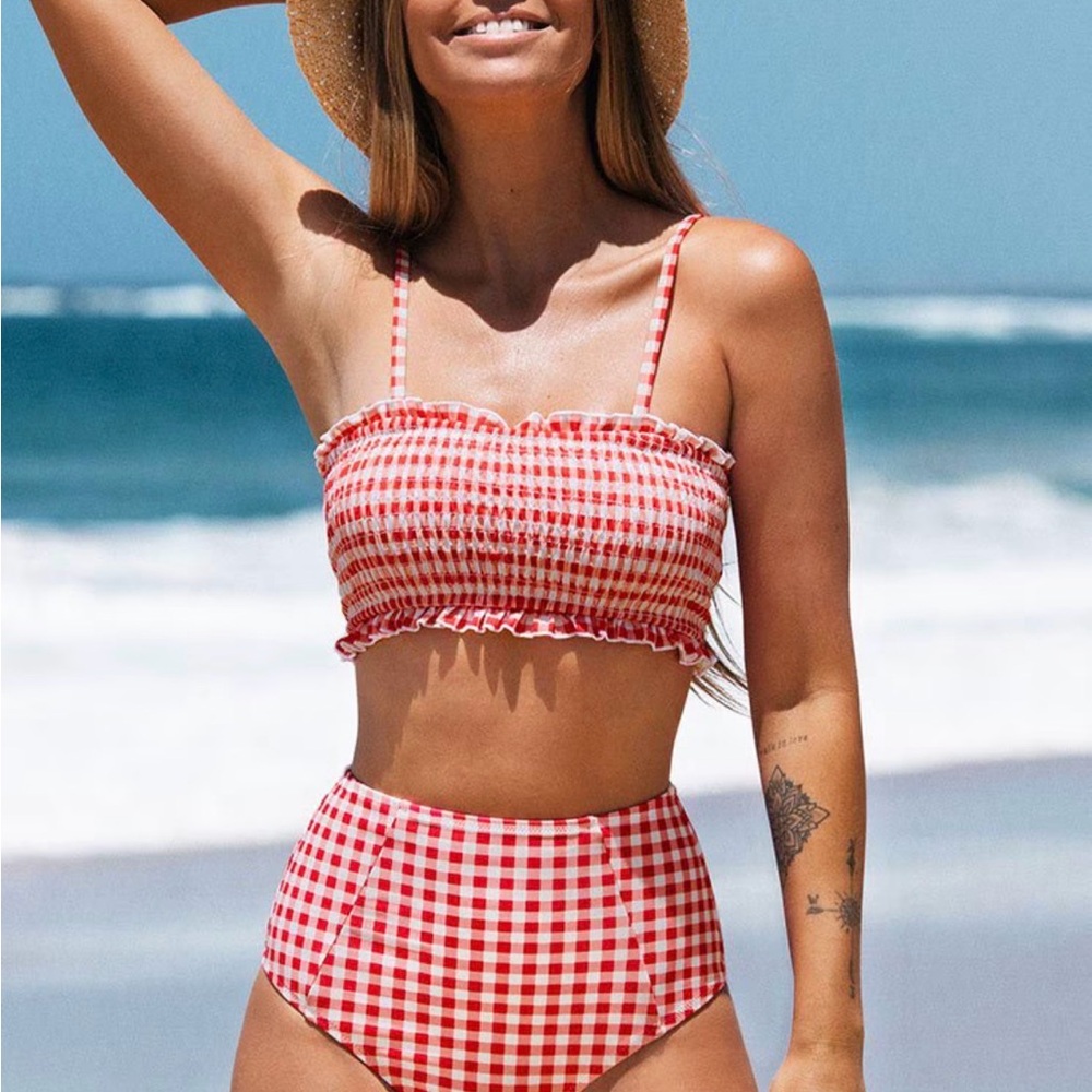 Cupshe Red Gingham Smocked Bikini